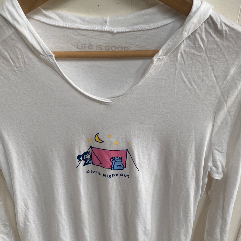 Life Is Good White long sleeve Hoodie with Camping Graphic “girls night out”